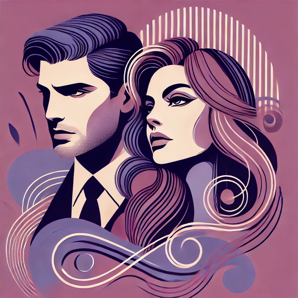 DALL·E 2025-02-12 17.32.17 – Uma ilustração elegante de um casal com expressões de dúvida, olhando um para o outro de forma incerta. O fundo é em tons de roxo (purple), com um des